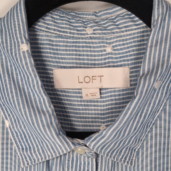 LOFT | Blue and White Striped Button Down Shirt with Polka Dot Embroidery Size M - Picture 3 of 6